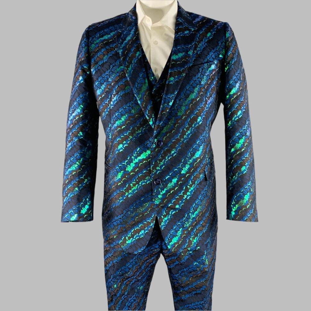 DOLCE & GABBANA Size 44 Black Green Blue Jacquard Polyester Suit